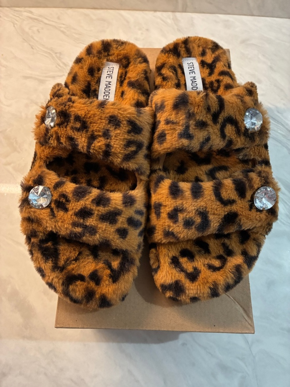 Steve Madden Leopard Faux-Fur Slide Slippers in Brown and Black